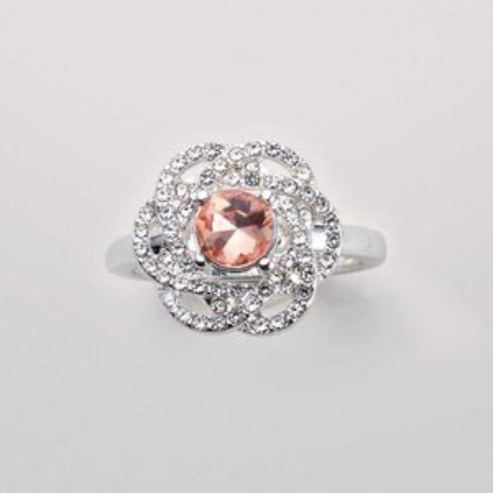Elegant Silver and Pink Crystal Flower Ring